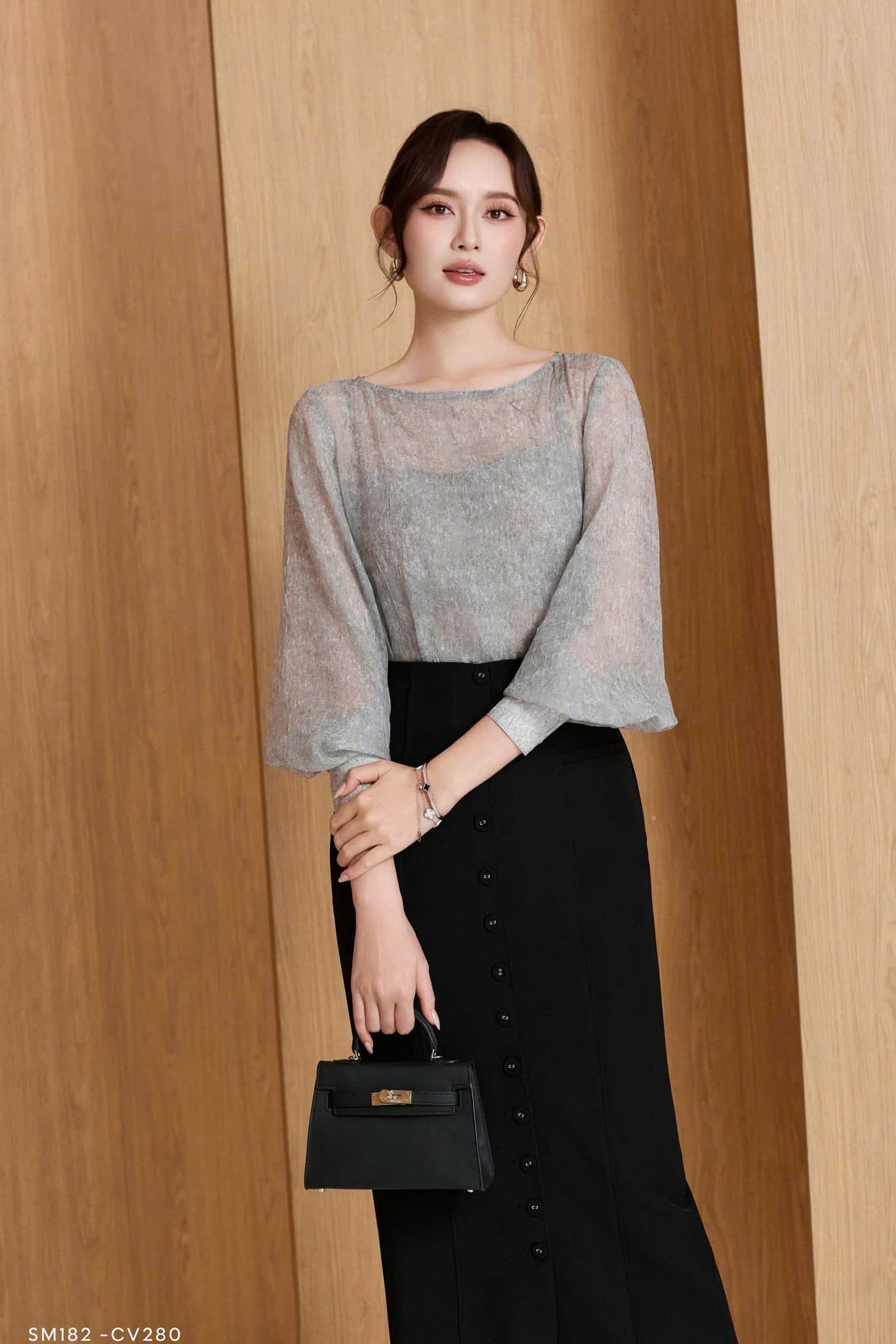 Áo tơ xám tay bồng 2 lớp