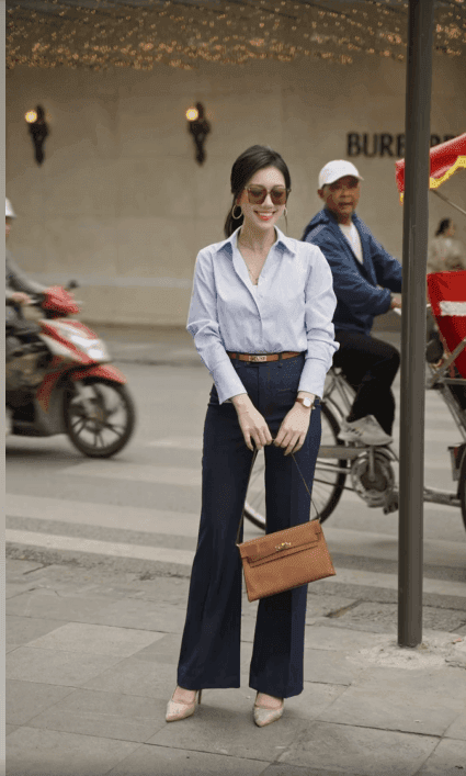 Quần ống loe cạp cao denim