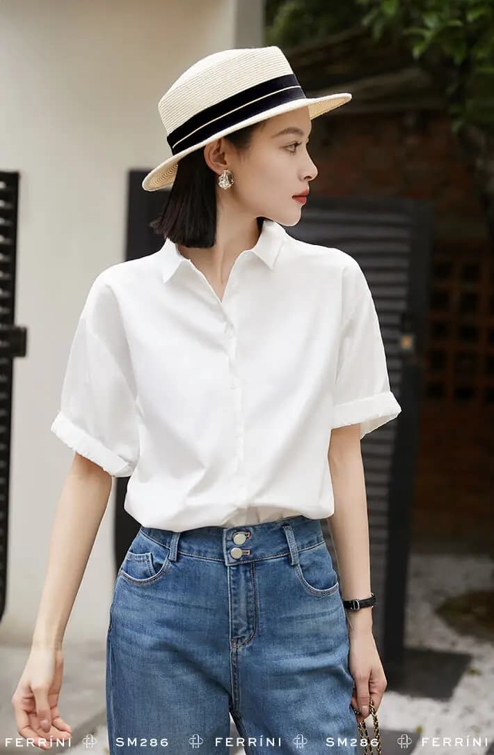 Áo sơ mi cotton trắng tay ngắn cổ bẻ