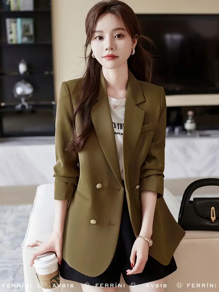 Áo blazer hai hàng nút màu rêu cổ vest