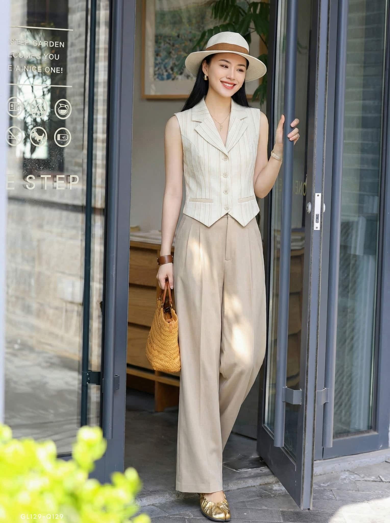 Quần ống rộng cạp cao ly bổ màu khaki